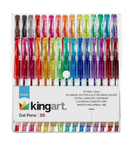 Kingart, Soft Grip Glitter Gel Pens, XL 2.5mm Ink Cartridge, Set of 30 Unique Colors