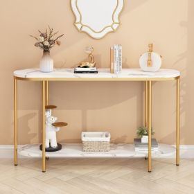 Console Table 2 Tier Narrow Entryway Table with Storage Shelves Faux Marble Narrow Table for Living Bedroom Hallway Office Easy Assembly, Gold &
