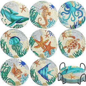16Pcs Rhinestones Art Painting Coasters with Holder 8 Styles Marine Animals Rhinestones Painting Coasters Holiday Birthday Gift DIY Coasters Art and C