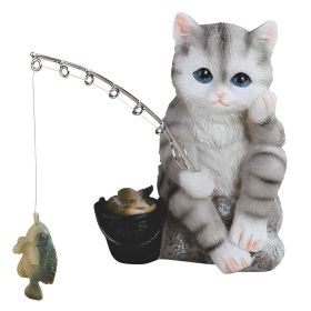 5"H Grey Tabby Fishing Figurine Home Decor Gift