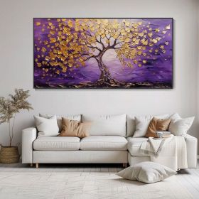 Purple Background Gold Leaf Tree Oil Painting Abstract Textured Original Artwork Living Room Wall Decor Studio Fine Decor Housewarming Gift (Style: 01, size: 70x140cm)