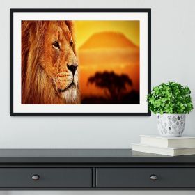 Lion portrait on savanna landscape Framed Print (Color: Black/No White Edging, size: 48" x 32" / 120cm x 80cm (approx))