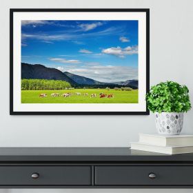 Mountain landscape with grazing cows and sky Framed Print (Color: Black/No White Edging, size: 18" x 12" / 48cm x 30cm (approx))